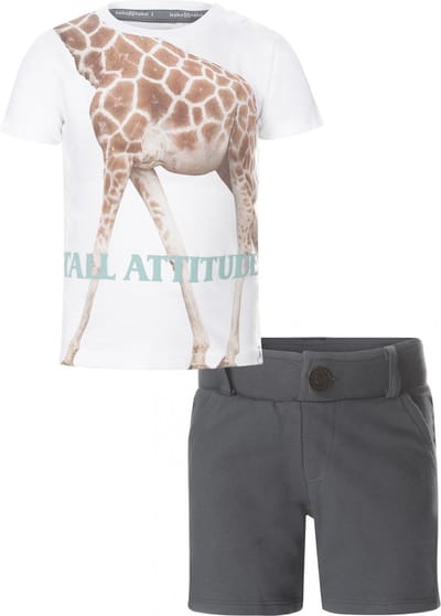 Koko Noko - Kledingset - Short Steel Blue - Shirt White met giraffe - Maat 116