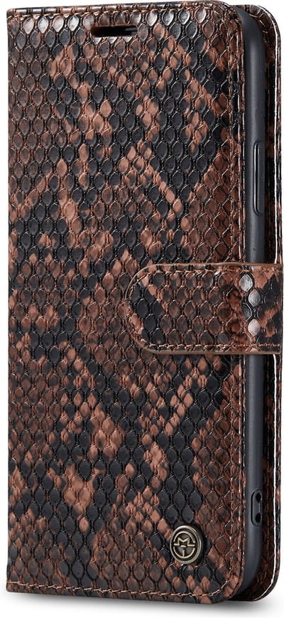 Casemania Hoesje Geschikt voor Apple iPhone X / XS - Bruin - Luxe Wallet Bookcase met Pasjeshouder en Standaard - Kunstleer Portemonnee Telefoonhoesje met Slangen Structuur