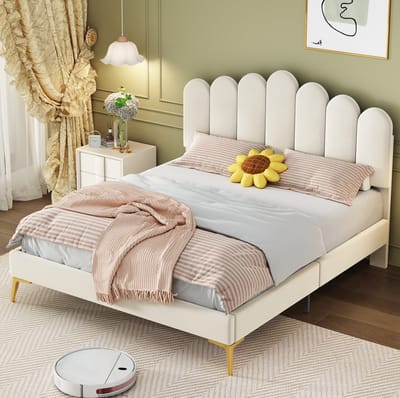 MEUNIQ Polsterbed 140 x 200 cm tweepersoons bed met verstelbaar hoofdbord en lattenbodem, gestoffeerd bedframe voor slaapkamer, beige
