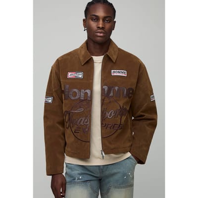 Boxy fit nep suède heren varsity bomberjack | Mocha | Size XS