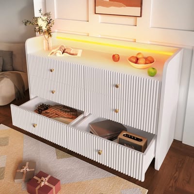 Dressoir 120x40x75 cm - met LED-verlichting en 6 lades - golfvormig groefontwerp - moderne kast - wit