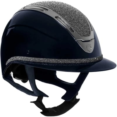 Polo paardrijhelm met visier, diamanten en glanzende schaal voor dames Equestro Apocalypse