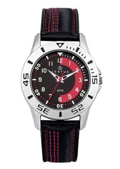 Certus-Stoer jongens horloge-Zwart/Rood-Lederen band-37MM