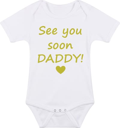Baby rompertje met leuke tekst | See you soon daddy! |zwangerschap aankondiging | cadeau papa mama opa oma oom tante | kraamcadeau | maat 80 wit goud