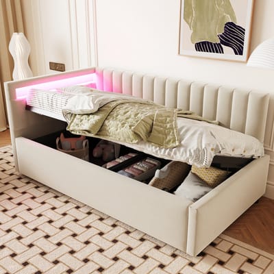 DESMIU Gestoffeerd Bed 90x200cm - Slaapbank Met Led Verlichting En Hydraulische Opbergruimte - Omkeerbaar Hoofdbord Voor Woon Of Logeerkamer - Zacht Fluweel - Beige - Zonder Matras
