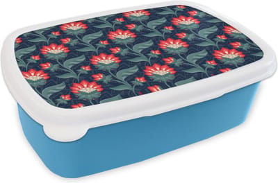 Broodtrommel Blauw - Lunchbox - Brooddoos - Design - Bloemen - Rood - 18x12x6 cm - Kinderen - Jongen
