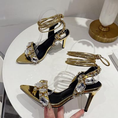 Liyke Sexy Enkelbandje Vergulde Sandalen Dames Feest Nachtclub Stripper Hakken Hoge Kwaliteit Kristal Diamant Puntige Neus Bruidsschoen 41 gray
