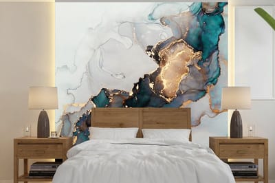 Behang - Fotobehang Blauw - Marmer - Goud - Breedte 350 cm x hoogte 350 cm