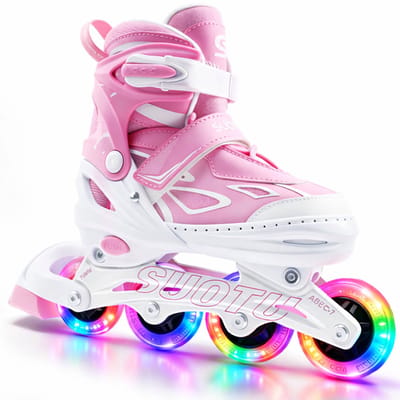 Suotu Skeelers - Inlineskates Verstelbaar - Skeelers meisjes en jongens - Maat: EUR 37-40/41 - lichtgevende wielen - Roze/Wit - L