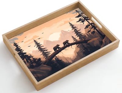 Dienblad hout 50x35 cm - Schootdienblad - Beren - Bomen - Landschap - Zonsondergang - Borrelplank rechthoek - Plateau dienbladen