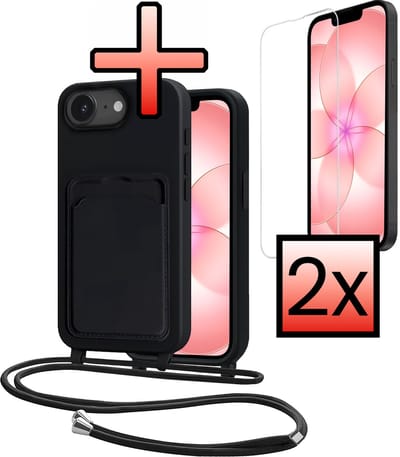 Hoes Geschikt voor iPhone 17e Met Telefoonkoord Met 2x Screenprotector - Siliconen Hoesje Backcover Met Ketting - Zwart