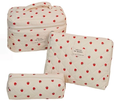 Set van 3 Make-up Tasjes Gewatteerd Bloemen Katoen – Grote Capaciteit Esthetische Cosmetische Tas & Toilettas voor Vrouwen – Reistas Organizer met Ritssluiting -Grote aardbei, 3-delige set [groot + middel + klein]