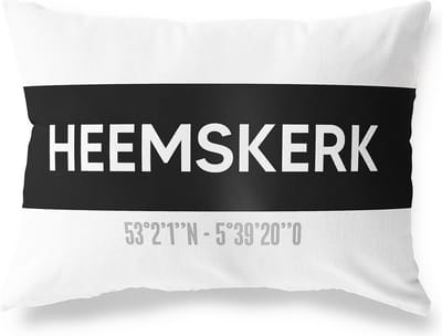Tuinkussen HEEMSKERK - NOORD-HOLLAND met coördinaten - Buitenkussen - Bootkussen - Weerbestendig - Jouw Plaats - Studio216 - Modern - Zwart-Wit - 50x30cm