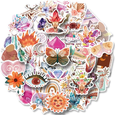 50 Boho Stickers | Bohemian, Kristal, zon, bloemen, vlinders, ethereal - voor laptop, ipad, telefoon, schrift, muur etc.