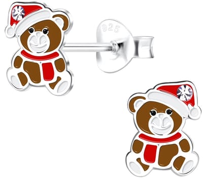 Joy|S - Zilveren kerst beer oorbellen - 6 x 8 mm - bruin rood wit zilver