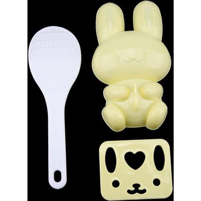 Lot de 3 moules à sushi en PP de qualité alimentaire, modèle lapin de dessin animé, outil de fabrication d'onigiri artisanal Yellow white