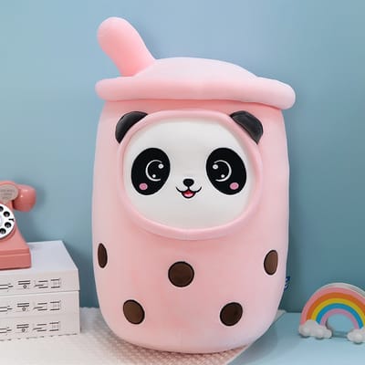 Bubble Tea Knuffel parel melk thee kussen pop-real-Life Bubble Tea Cup Knuffel - Kussen - Melk Thee - Zachte Pop - Melk Thee Cup Kussen - kinderen - Speelgoed 25cm (panda roze)
