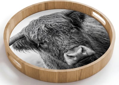 Dienblad rond 40x40 cm - Schootdienblad hout - Schotse hooglander - Zwart - Wit - Gras - Borrelplank rechthoek - Plateau houten dienbladen