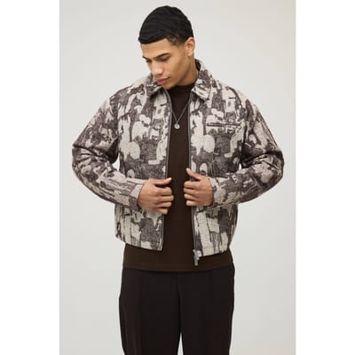 Boxy Fit Getextureerde Jacquard Harrington Jas | Brown | Size XS