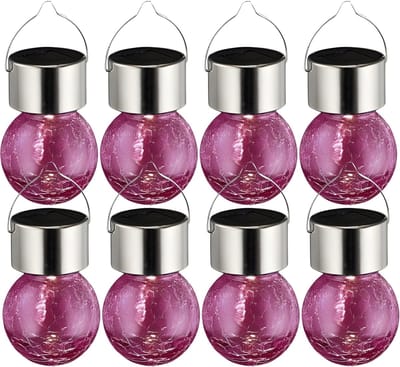 Sunnydays Solar sfeer hanglamp - 8x - tuin - lampenbol - roze - glas - 9 cm - ophang haakje