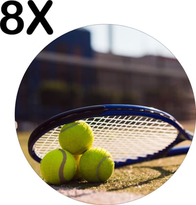 Luxe Ronde Placemat - Tennisballen Onder Tennis Racket - Set van 8 Placemats - 50x50 cm - 2 mm dik Vinyl - Anti Slip - Afneembaar
