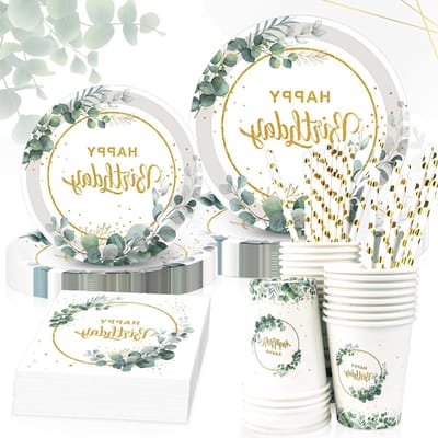 Feestelijke Verjaardagsdecoratie en Tafelset, 125 Stuks voor 25 Gasten, Eucalyptus Thema, Verjaardagsfeest, Tafeldecoratie, Kinderfeestje, Vrouwelijke Verjaardag