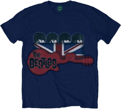 The Beatles - Guitar & Flag Heren T-shirt - M - Blauw