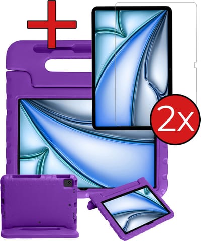 Hoesje - Geschikt voor Apple iPad Air (2024/2025/2026) - 11 inch - Met 2x Screenprotector - Kinderhoes - Shockproof Bumper - Kidsproof Case - Tablethoes - Kinder Hoes Cover - Paars