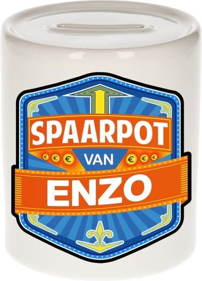 Bellatio Decorations Kinder spaarpot met naam - Enzo - keramiek - met dop - wit - Sparen - Spaargeld van Enzo