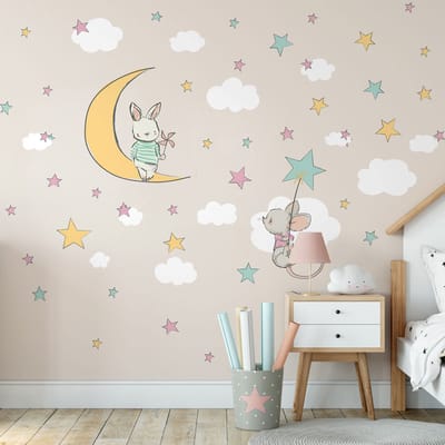 Muurstickers - Konijn en muis die naar de sterren reiken - Zelfklevende stickers - 80x60cm