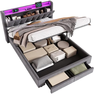 MODFU Gestoffeerd Bed met Hydrauliek 140x200 cm – 2 lades, LED & USB – Fluweel beige/grijs – Incl. lattenbodem – Slaapkamer