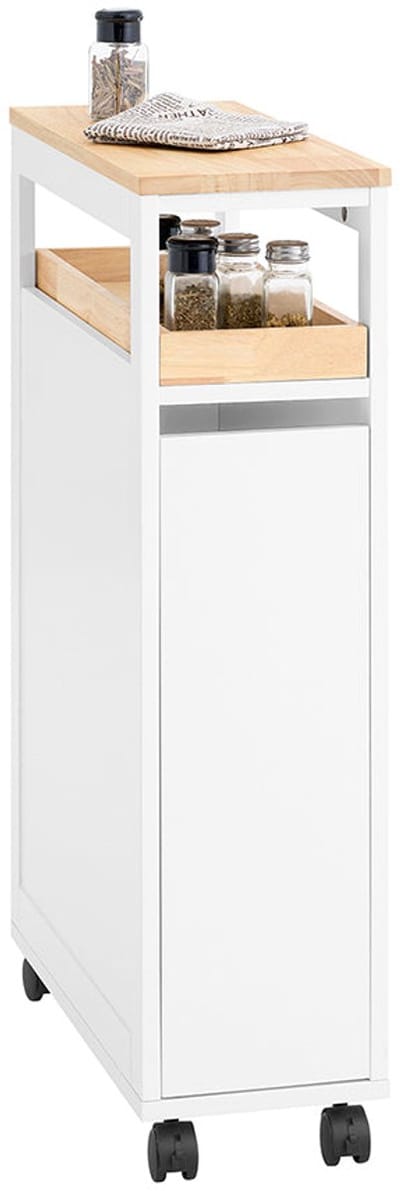 SoBuy NSR11-WN Smalle Rollende Plankenkast van Hout 20x51x79 cm - Praktische Keuken- en Badkamerwagen op Wieltjes in Wit Natuurhoutlook