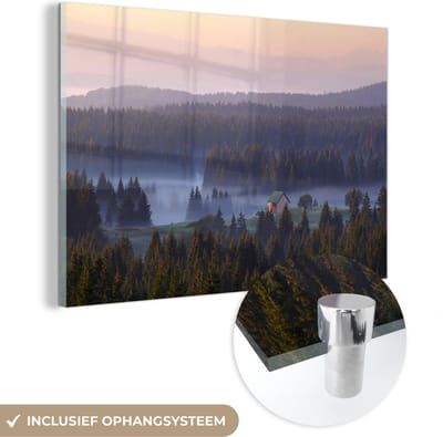 ® Glasschilderij 180x120 cm - Schilderij acrylglas - Huisje in de bossen van het Montenegrijns Nationaal park Durmitor - Foto op glas - Muurdecoratie woonkamer - Wanddecoratie slaapkamer - Schilderijen