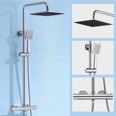 Auralum Max Regendouche met thermostaatkraan - 25cm - Met CoolTouch technologie - Doucheset - Verstelbare Hoogte 88-125 cm - Waterbesparend - Chroom