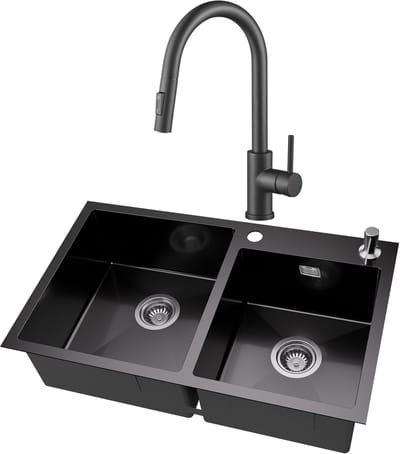 Auralum MAX Spoelbak Keuken 75x45cm Antraciet - Dubbele Spoelbakken Met Keukenkraan met Uittrekbare uitloop - Wasbak Keuken Met zeepdispenser 300ml - Met Waterafvoersysteem en Afdruiprek