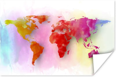 Poster 30x20 cm - Wereldkaart - Aquarel - Regenboog - Posters - Kamer decoratie - Wanddecoratie woonkamer - Muurdecoratie slaapkamer