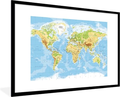 Poster in lijst - Fotolijst 120x80 cm - Posters - Wereldkaart - Staatkundig - Blauw - Aarde - Educatief - Posterlijst zwart - Decoratie - Wanddecoratie woonkamer - Muurdecoratie slaapkamer