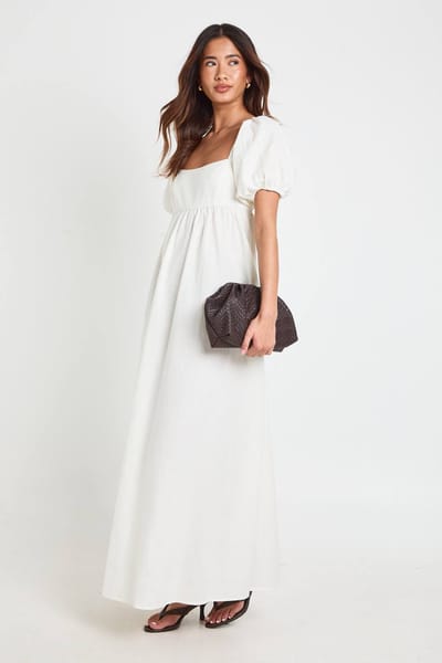 boohoo Dames Linnen Maxi Jurk Met Pofmouwen En Gerimpeld Lijfje | Natural | Maat: 36