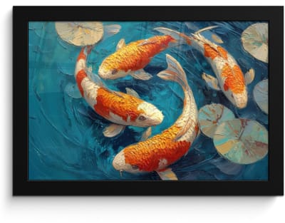 Poster in lijst - Fotolijst 30x20 cm - Posters - Vissen - Waterlelies - Oranje - Water - Posterlijst zwart - Decoratie - Wanddecoratie woonkamer - Muurdecoratie slaapkamer
