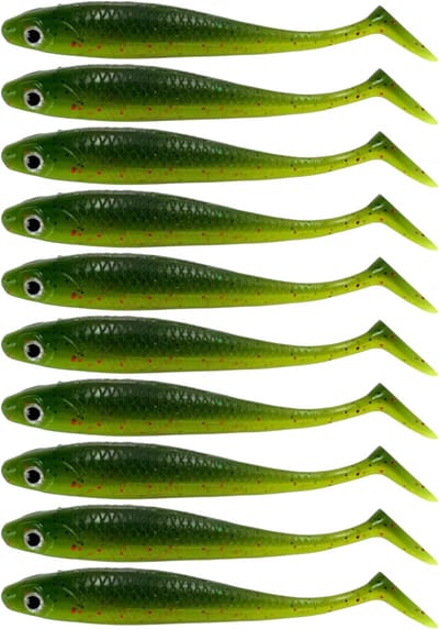 S&D | Shad Set 10 Stuks – 9cm / 5.5g – Lichtgroen – Realistisch Kunstaas met Glitters & Schubbenpatroon – Voor Snoek, Baars & Roofvis
