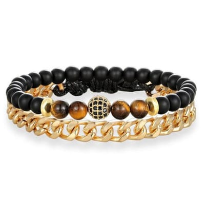 Victorious Set Armbanden Heren – Natuurstenen/RVS Roestvrij Staal – Zwart/Goud/Bruin – 17.5cm