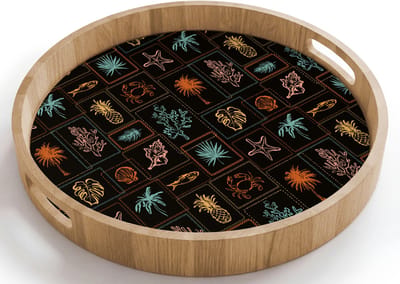 Dienblad rond 40x40 cm - Schootdienblad hout - Zee - vis - koraal - Donker - Borrelplank rechthoek - Plateau houten dienbladen