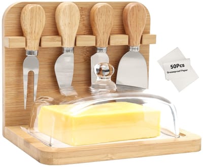 Dailygoods- Botervloot met Deksel - Bamboe/Glas - 4 Kaasmessen - 50 Vellen Boterpapier - Duurzaam - Design Upgrade - Boterdispenser