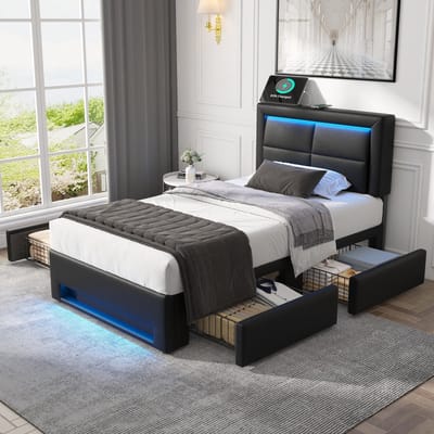 Gestoffeerd Bed - 90x190 cm - Met USB, LED en 4 Lades - PU - Zwart