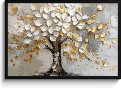 Poster in lijst - Fotolijst 90x60 cm - Posters - Boom - Beige - Grijs - Goud - Abstract - Posterlijst zwart - Decoratie - Wanddecoratie woonkamer - Muurdecoratie slaapkamer