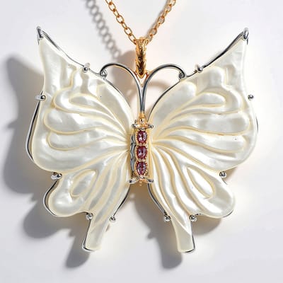 Cavill - Zilveren Halsketting 925 Zilver Roségoud Verguld - Parelmoer Fancy Slijpsel 46x22mm - Roze Marquise Spinel 0.108 ct - Elegante Vlinder