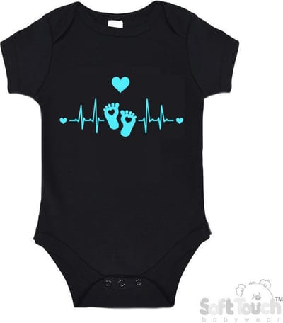 100% Katoenen Romper "Hartslag voetjes" Unisex Katoen Zwart/aquablauw Maat 62/68