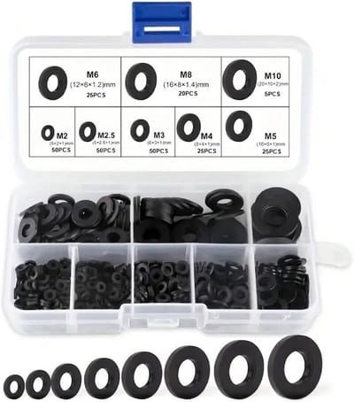 250 Stuks Zwarte Gummi Onderlegschijven - Slijtvast, Waterdicht en Ideaal voor Schroefverbindingen, Flachgummidichtingen met Diverse Diameters