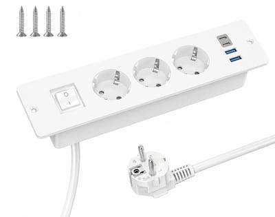 Intelectronics Inbouw Stekkerdoos – 7-in-1 Power Hub Met USB-C – 3 Stopcontacten + 4 USB Poorten – Met Aan/Uit Schakelaar – 2 Meter Kabel – Luxe Mat Witte Design – Voor Bureau, Keuken En Werkplek – Elegant Inbouwmodel