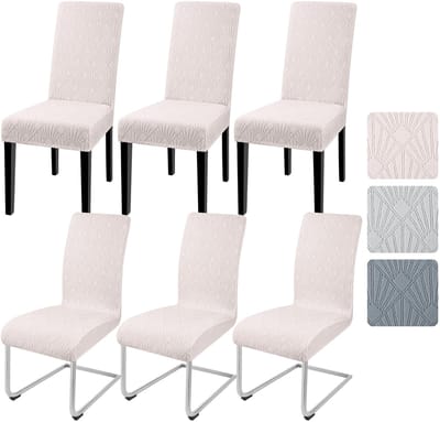 Stoelhoezen, set van 6, jacquard hoezen voor stoelen, elastische stoelhoezen, kantelbare stoelen, afneembaar, voor keuken, restaurant, hotel, banket (beige)